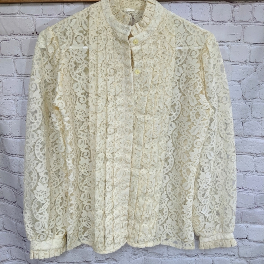 Exquisite Lace Blouse with Pintuck Front, Neck, Cuff Ruffles